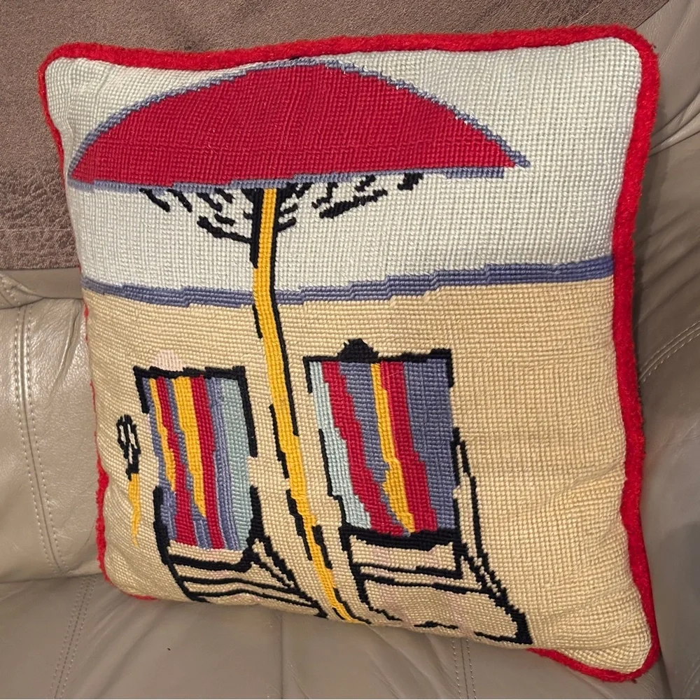 VTG Handmade Needlepoint Beach Scene Pillow 2 Chairs Umbrella Coastal